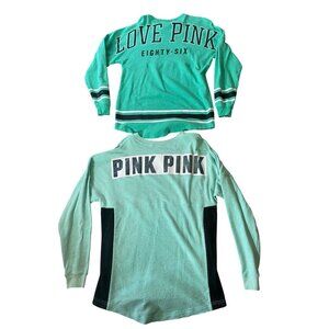 2 Shirts Victorias Secret PINK Womens Long Sleeve Teal Mint Medium